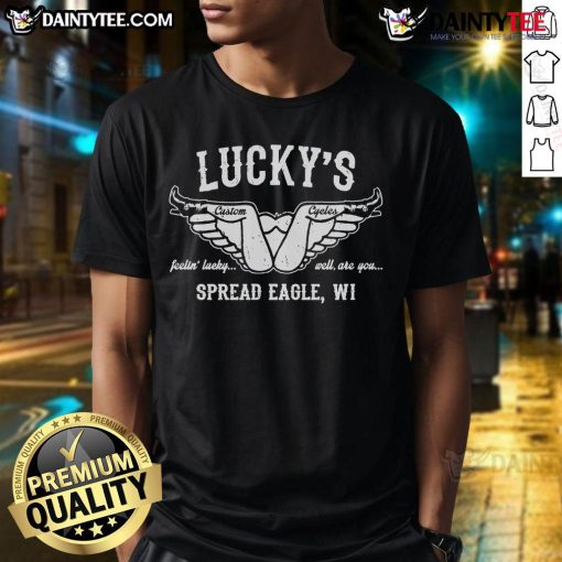 Funny Lucky's Motorcycles Spread Eagle WI T-Shirt featuring a playful design and vibrant colors for motorcycle enthusiasts.
