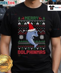 Funny Merry Dolphintmas Ugly Christmas Dolphin Santa T-Shirt design featuring a festive dolphin in a Santa hat.