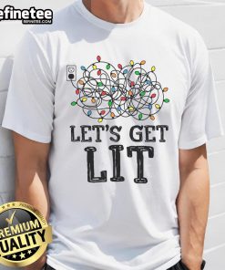 Funny Messy Christmas Lights on a 'Let's Get Lit' Xmas Pajamas T-Shirt, perfect for festive holiday celebrations.
