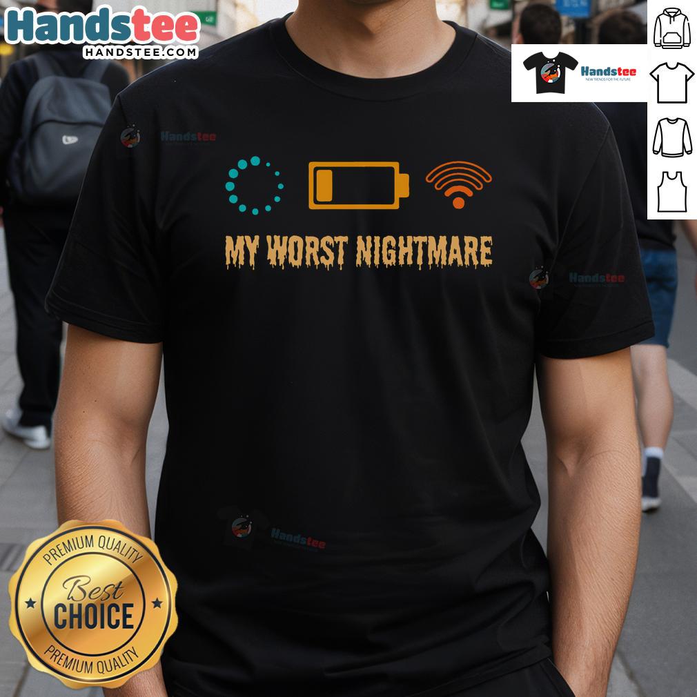 Funny My Worst Nightmare Low Battery Wifi Loading T Shirt Funny My Worst Nightmare Low Battery Wifi Loading T-Shirt design featuring a humorous graphic about low battery anxiety.