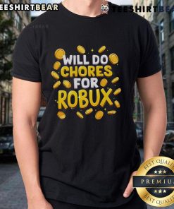Funny Noob and Professional Gamer T-Shirt design featuring chores for Robux gold coin graphics, perfect for gamers.