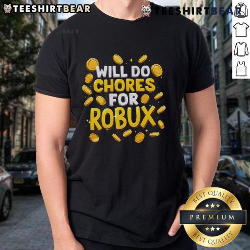 Funny Noob and Professional Gamer T-Shirt design featuring chores for Robux gold coin graphics, perfect for gamers.