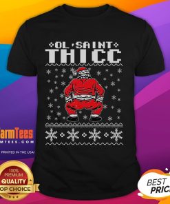Funny Ol Saint Thicc Christmas T-Shirt featuring a jolly Santa design, perfect for festive holiday celebrations.
