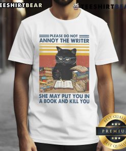 Funny 'Please Do Not Annoy The Writer' cat t-shirt design, perfect for writers and cat lovers, showcasing humor and creativity.