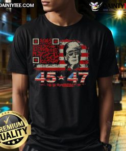 Funny QR scan me President Trump dancing code T-shirt design with vibrant colors and playful graphics.