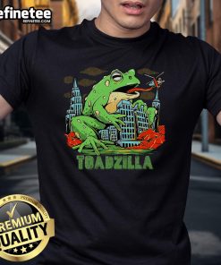 Funny Retro Japanese Toadzilla Monster Frog Attack T-Shirt featuring a whimsical toad design in vibrant colors.
