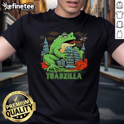 Funny Retro Japanese Toadzilla Monster Frog Attack T-Shirt featuring a whimsical toad design in vibrant colors.