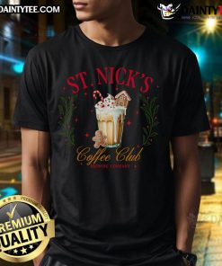Funny Saint Nick Coffee Club Brewing Company Christmas T-Shirt featuring a jolly Santa with coffee mugs, perfect for the holidays.