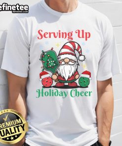 Funny Serving Up Holiday Cheer Pickleball Christmas T-Shirt featuring festive pickleball graphics and holiday designs.