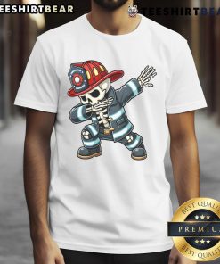 Funny skeleton firefighter dabbing in a Halloween costume t-shirt, perfect for festive celebrations and spooky fun.