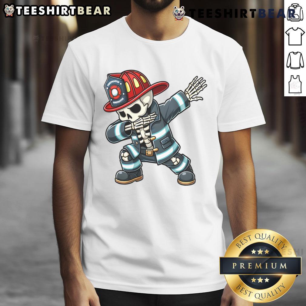 Funny Skeleton Fire Firefighter Dabbing Halloween Costume T Shirt Funny skeleton firefighter dabbing in a Halloween costume t-shirt, perfect for festive celebrations and spooky fun.