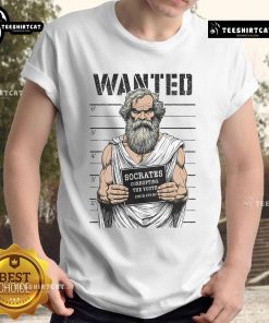 Funny Socrates mugshot T-shirt design featuring the philosopher being humorously accused of corrupting philosophy.