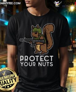 Funny Squirrel Protect Your Nuts Chipmunk T-Shirt design featuring a playful squirrel with nuts, perfect for animal lovers.