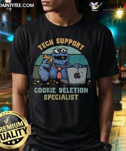 Alt Text: Funny tech support cookie deletion specialist with Cookie Monster graphic on vintage sunset T-shirt design.