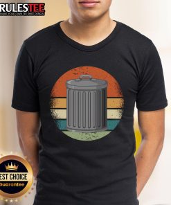 Funny Trash Can Garbage Day Vintage Sunset T-Shirt featuring a whimsical design of a trash can against a colorful sunset.