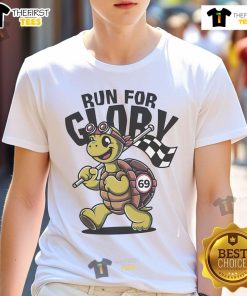 Funny Turtle Run For Glory T-Shirt featuring a cartoon turtle racing with a joyful expression in vibrant colors.