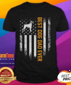 Alt Text: Funny vintage USA Best Boxer Dog Dad Ever t-shirt design featuring an American flag and a playful boxer dog illustration.