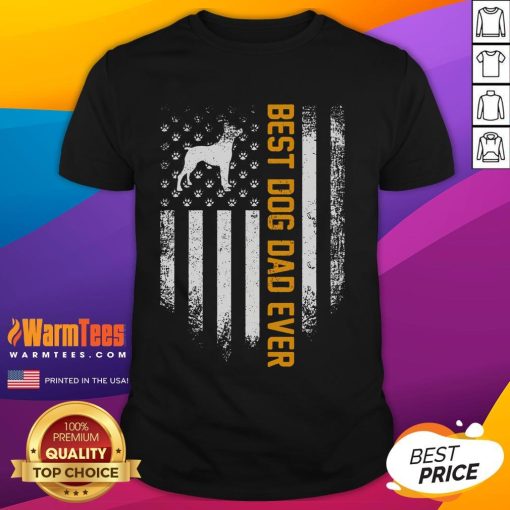 Alt Text: Funny vintage USA Best Boxer Dog Dad Ever t-shirt design featuring an American flag and a playful boxer dog illustration.