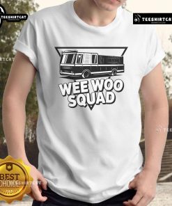 Funny Wee Woo Squad Fire Truck T-Shirt featuring a vibrant graphic of a fire truck and playful text, perfect for kids.