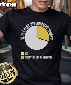 Funny yellow pie chart t-shirt design asking 'Will I play video games today?' perfect for gamers and humor lovers.
