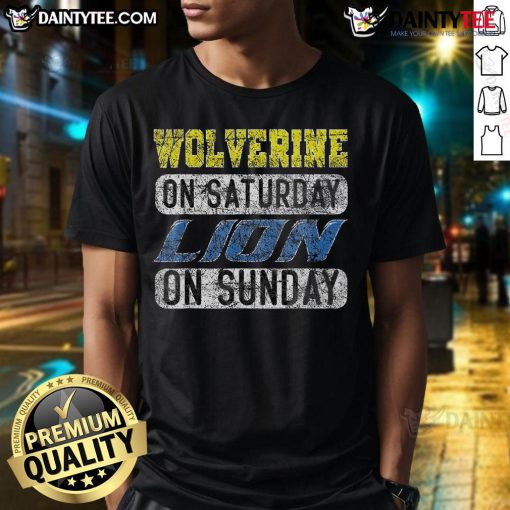 Funny Wolverine On Saturday Lion On Sunday T-Shirt featuring a playful design of Wolverine and a lion for casual wear.