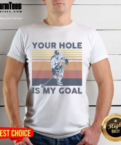 Alt Text: Funny Your Hole Is My Goal hockey player T-shirt featuring a playful design and vibrant colors, perfect for hockey fans.