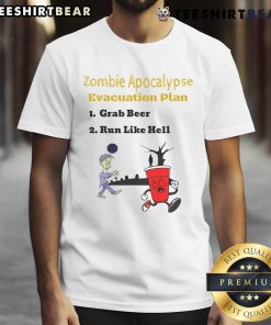 Funny Zombie Evacuation Beer Plan T-Shirt featuring playful Day of the Dead graphics and humor for Halloween enthusiasts.