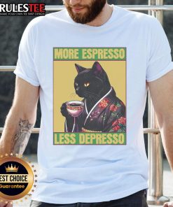 Good Cat More Espresso Less Depresso T-Shirt featuring a playful cat graphic and motivational coffee-themed quote.