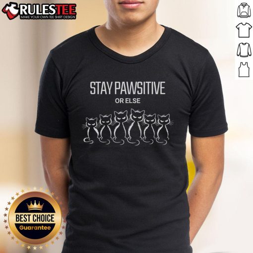 Alt Text: Good Cat Stay Pawsitive Or Else T-Shirt featuring a playful cat graphic and motivational text in vibrant colors.