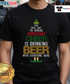 Funny Naughty Santa Elf Beer T-Shirt featuring a cheerful elf spreading good Christmas cheer in a festive design.