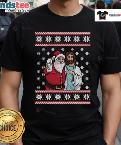 Alt Text: Good Christmas graphic featuring Santa, Jesus, and Jingle Bros with milk on a festive T-shirt design.