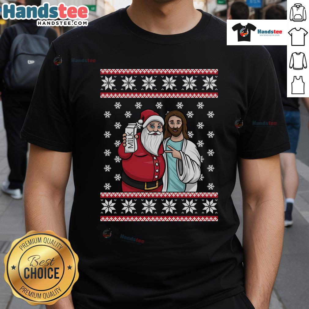 Good Christmas Graphic Santa And Jesus Jingle Bros Milk Food T Shirt Alt Text: Good Christmas graphic featuring Santa, Jesus, and Jingle Bros with milk on a festive T-shirt design.