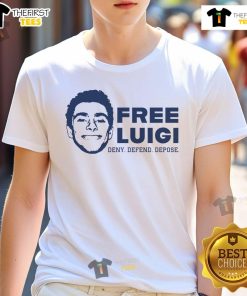 Good Free Luigi Mangione Deny Defend Depose T-Shirt featuring bold graphic design and vibrant colors for casual wear.