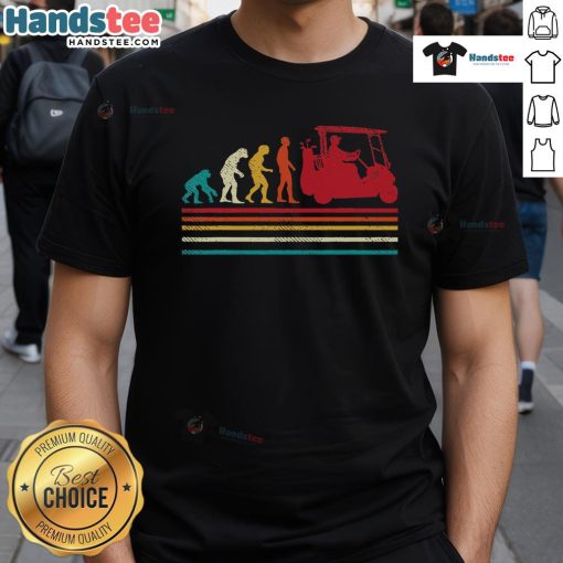 Funny golfing golfer in a vintage T-shirt featuring a golf cart, highlighting good human evolution theme.