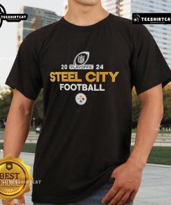 Alt Text: Good Steel City Football Pittsburgh Steelers 2024 NFL Playoffs T-Shirt featuring team colors and logo design.
