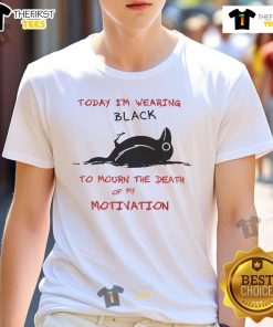Person wearing a black 'Mourn the Death of My Motivation' crow t-shirt, showcasing a unique and expressive fashion statement.