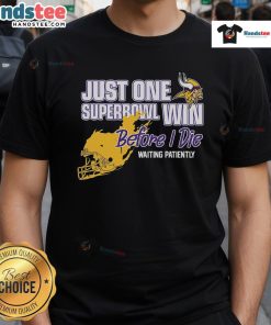 Good Viking Just One Super Bowl Win Before I Die Waiting Patiently T-Shirt design featuring a humorous football theme.