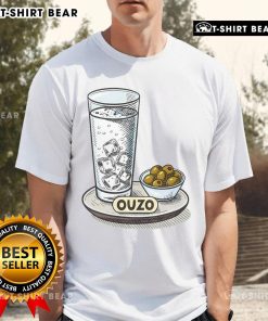 Good vintage Greek Ouzo drink with olives on a halftime T-shirt, capturing a festive Greek theme for casual wear.