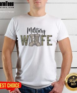 Good Wife Proud Military T-Shirt featuring bold lettering and patriotic design for military spouses showing support.