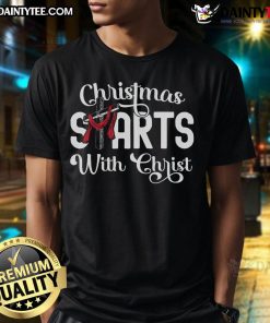 Alt Text: Happy Christmas Starts With Christ Cross Jesus Christian T-Shirt featuring a festive design and inspirational message.