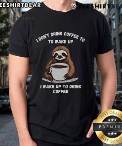 Happy coffee drinking sloth t-shirt featuring a cute sloth enjoying a cup of coffee in a colorful design.
