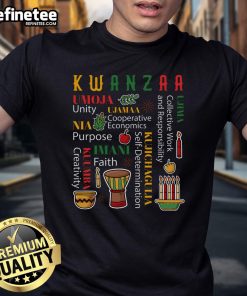 Happy Kwanzaa drum kinara with seven candles on a vibrant t-shirt celebrating African heritage and unity.