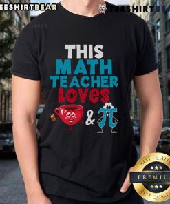 Alt Text: Happy math teacher in a Pi Day t-shirt, enjoying coffee, celebrating math love with a cheerful smile.