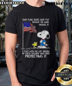 Happy Snoopy and Woodstock on Our Flag Does Not Fly Because The Wind T-Shirt, featuring vibrant colors and playful design.
