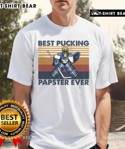 Alt Text: Funny Hockey Grandpa Saying T-Shirt featuring 'Hot Best Pucking Papster Ever' for hockey fans and grandpas.