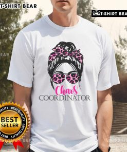 Hot Chaos Coordinator Mom Leopard Messy Bun T-Shirt design featuring trendy graphics and playful text for stylish moms.