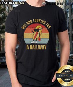 Retro sunset t-shirt featuring a hot dog character searching for a hallway, perfect for casual and fun apparel.