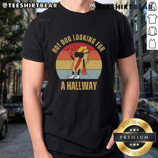 Retro sunset t-shirt featuring a hot dog character searching for a hallway, perfect for casual and fun apparel.