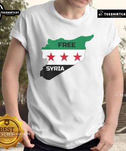 Hot Free Syria Help Syrian People T-Shirt design featuring bold text and vibrant colors supporting Syrian humanitarian aid.