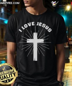 Hot I Love Jesus Cross T-Shirt featuring a bold design with a heart and cross, perfect for expressing faith stylishly.